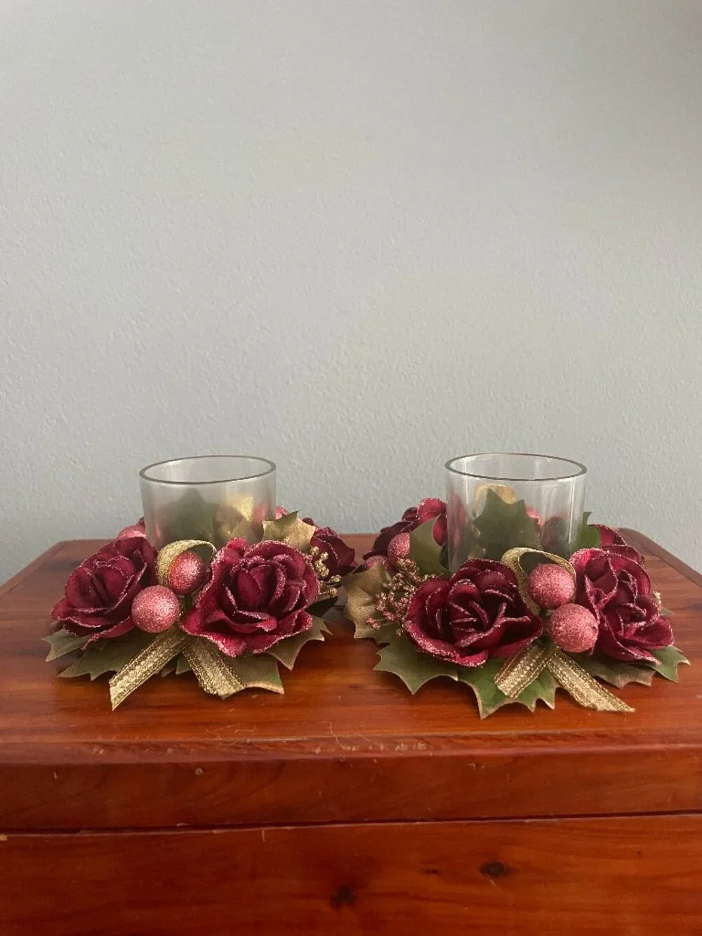 Set of 2 Votive Candle Holder Rings Floral Roses Cranberries Holly Christmas